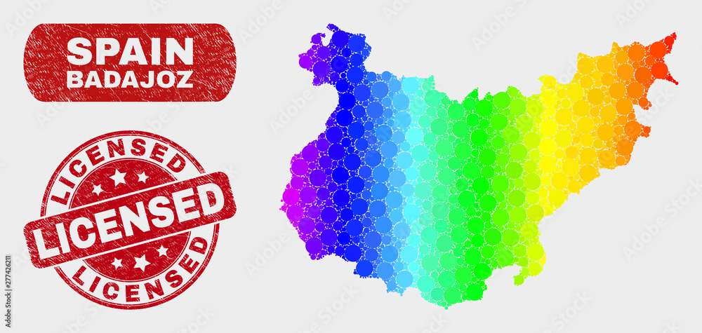 Spectrum dot Badajoz Province map and seal stamps. Red round Licensed scratched seal stamp. Gradient rainbow colored Badajoz Province map mosaic of randomized round elements.
