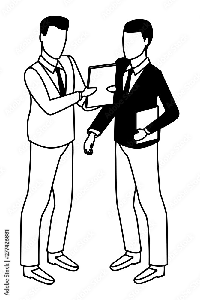 Businessmen using technology for business in black and white Businessmen using technology for business in black and white