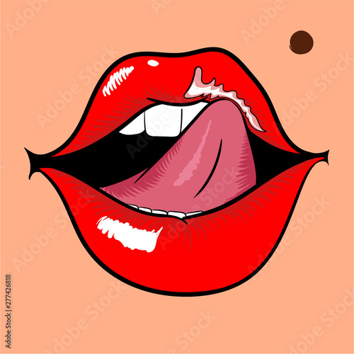 Woman mouth with red lips and licking tongue