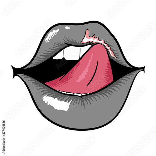 Woman mouth with gray lips and licking tongue