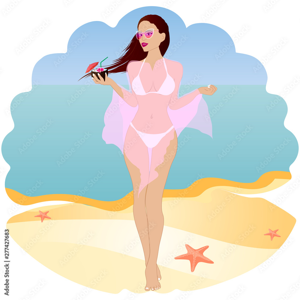 Girl in a pareo on the beach with a cocktail. Vector art