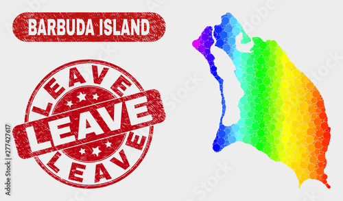 Rainbow colored dot Barbuda Island map and stamps. Red round Leave scratched seal stamp. Gradient spectral Barbuda Island map mosaic of random round dots. Leave seal stamp with rubber surface.