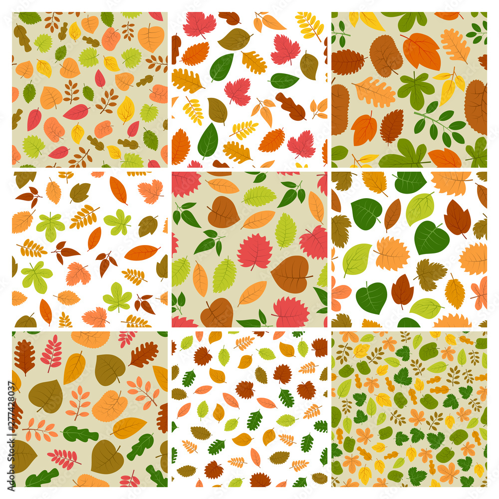 Set of nine seamless autumn leaves backgrounds