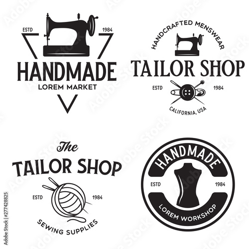 Set of vintage sewing and tailor labels, badges, design elements and emblems. Tailor shop old-style logo.