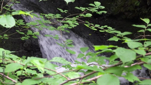 UK June 2019 - Slow motion shots of a stream flowing over blue-grey slate rock, cascading into waterfalls in-between lush, green moss covered rocks, ferns, broken branches and ancient trees. photo