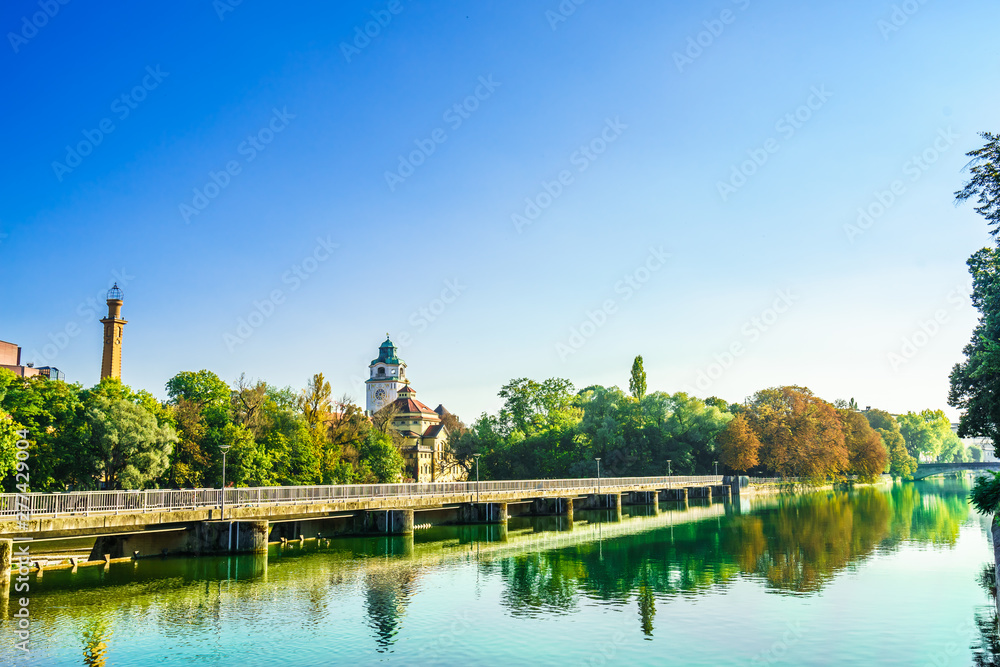 View on historic building of Mueller Volksbad of Isar river - Munich