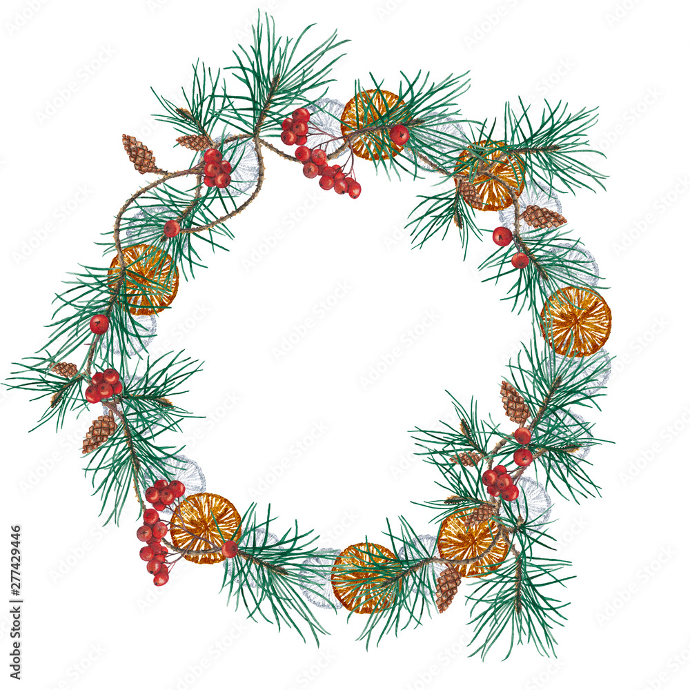 Christmas wreath with pine branches and rowan berries.
