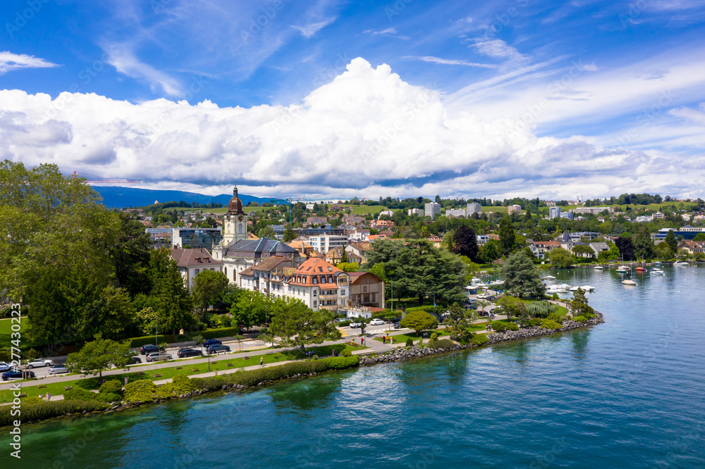 Aerial view of Morges city waterfront in the border of the Leman Lake in  Switzerland