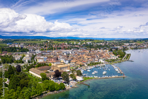 Aerial view of Morges castle in the border of the Leman Lake in Switzerland