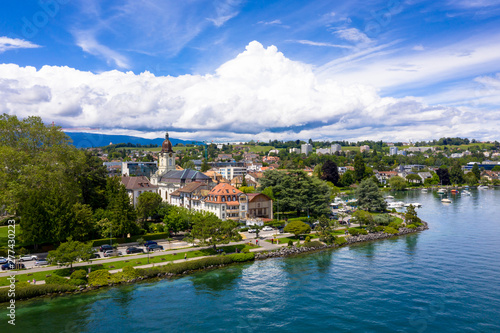 Aerial view of Morges city waterfront in the border of the Leman Lake in Switzerland