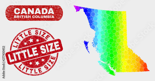 Rainbow colored dotted British Columbia map and seal stamps. Red round Little Size distress seal stamp. Gradiented spectral British Columbia map mosaic of scattered round elements.