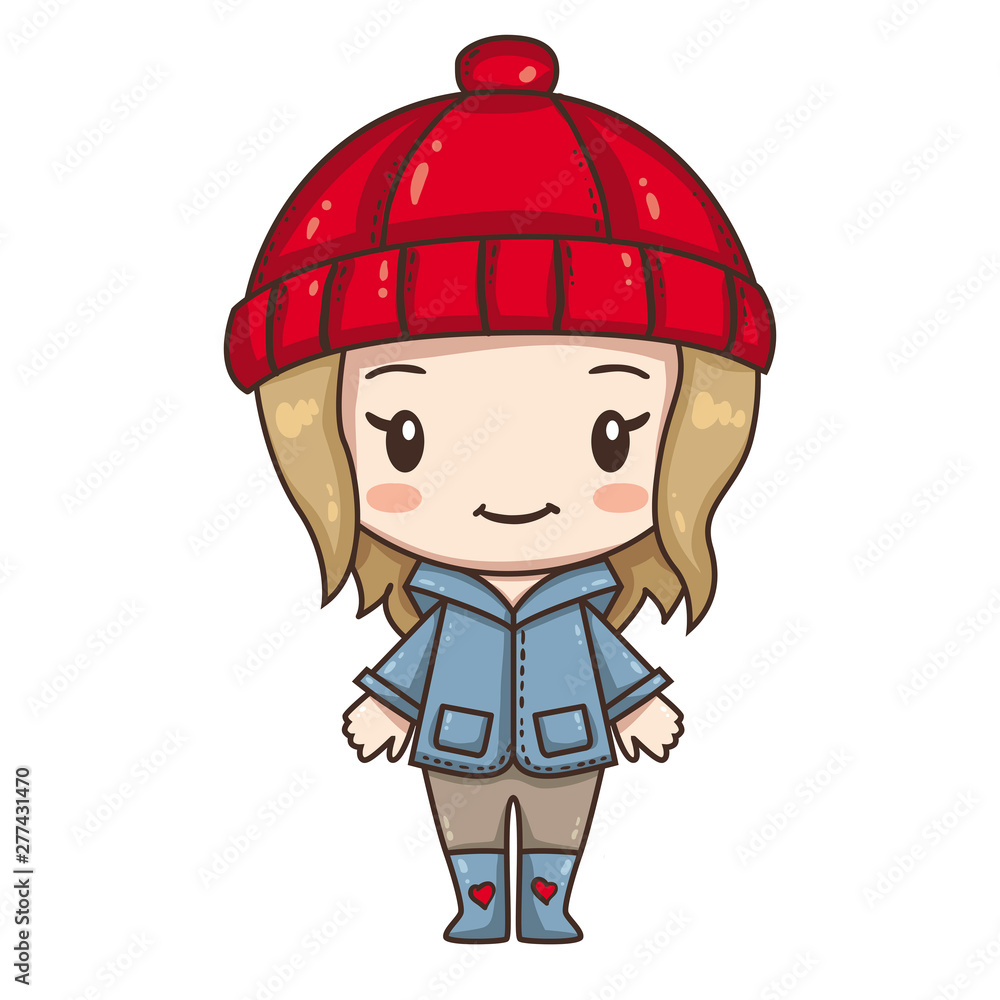 Vector illustration of cute chibi character isolated on white background.  Cartoon little girl in red cap. Stock Vector | Adobe Stock