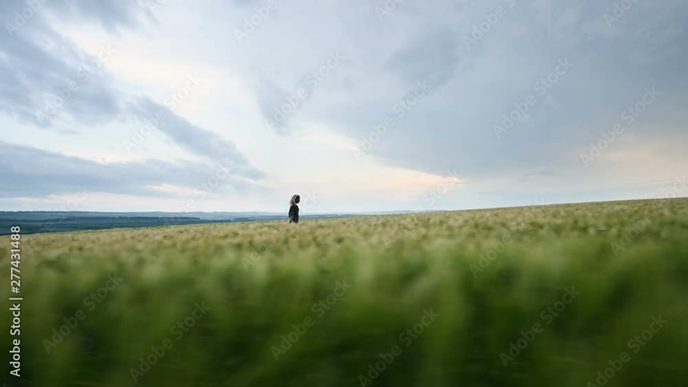 custom made wallpaper toronto digitalVery long shot. A girl in a loose green dress runs across a green field of wheat against a beautiful contrasting sky. The concept of the emancipation of femenism and gender equality.