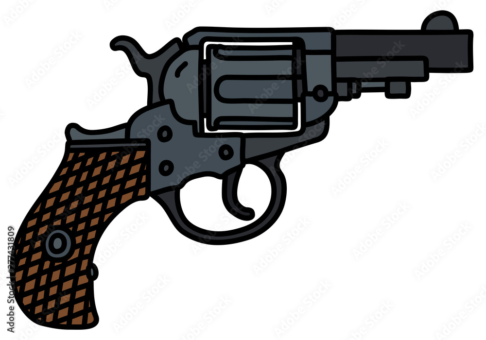 The hand drawing of a classic short revolver
