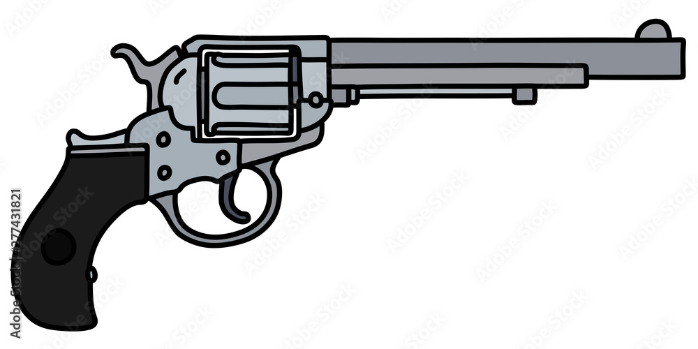 The hand drawing of a classic long steel revolver