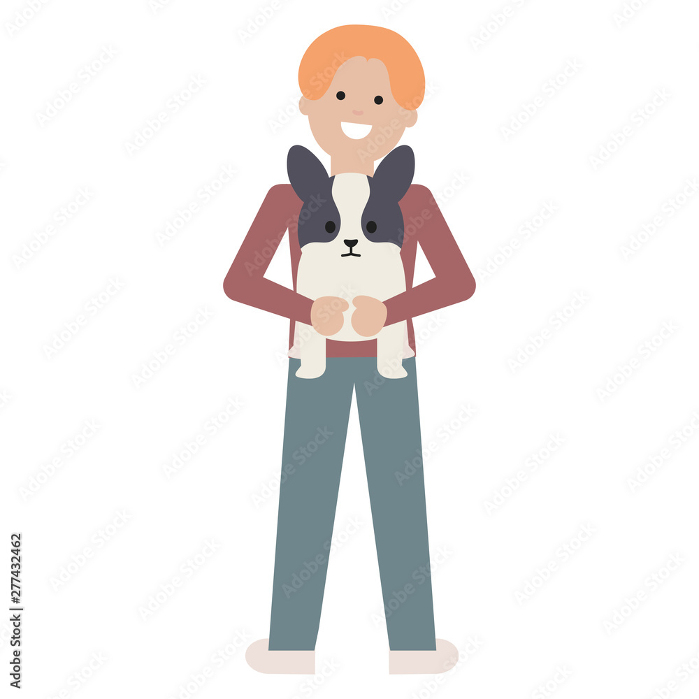 young man with little dog adorable mascot young man with little dog adorable mascot