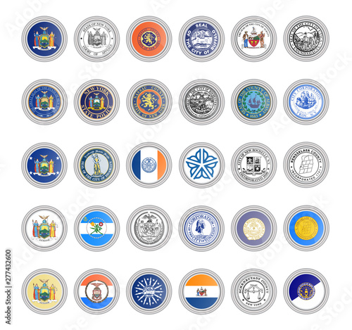Set of vector icons. Flags and seals of New York state, USA. 3D illustration.