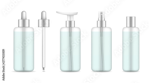 Set of tubes template for cosmetics, cream or medical ointment. Realistic vector mockup isolated on white background. Clear plastic and frosted glass.