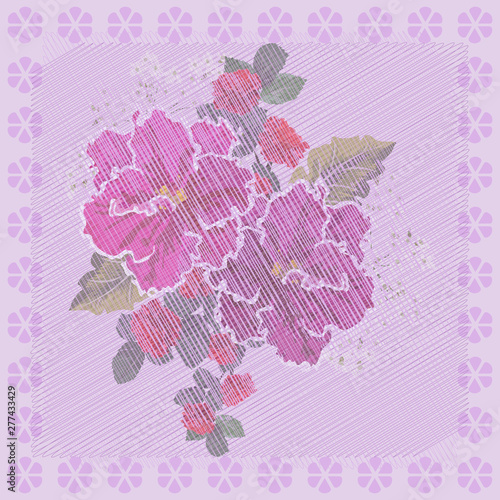 Square flower arrangement. Vintage floral pattern for scarves, postcards, carpets, bandanas, napkins, home textiles, covers, pareos. Subdued aged effect. Roses and violets.