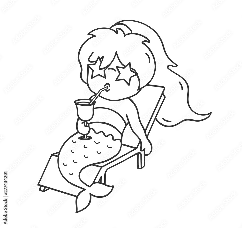 Mermaid in sunglasses sipping a cocktail on a deck chair. Cute cartoon character for emoji, sticker, pin, patch, badge. Vector outline illustration. Mermaid in sunglasses sipping a cocktail on a deck chair. Cute cartoon character for emoji, sticker, pin, patch, badge. Vector outline illustration.