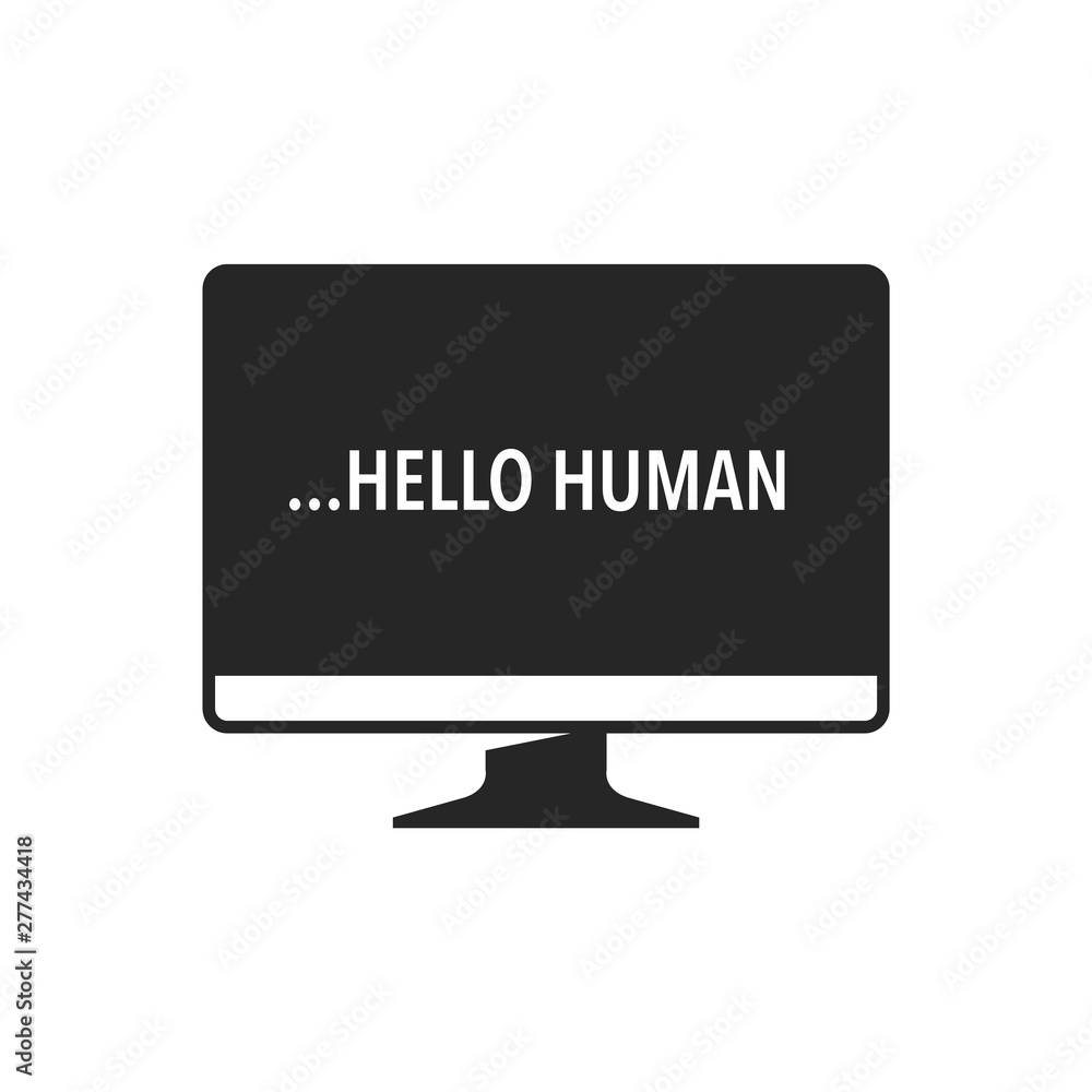 Artificial intelligence concept icon in black and white. Computer displaying greeting text. Vector illustration. Artificial intelligence concept icon in black and white. Computer displaying greeting text. Vector illustration.