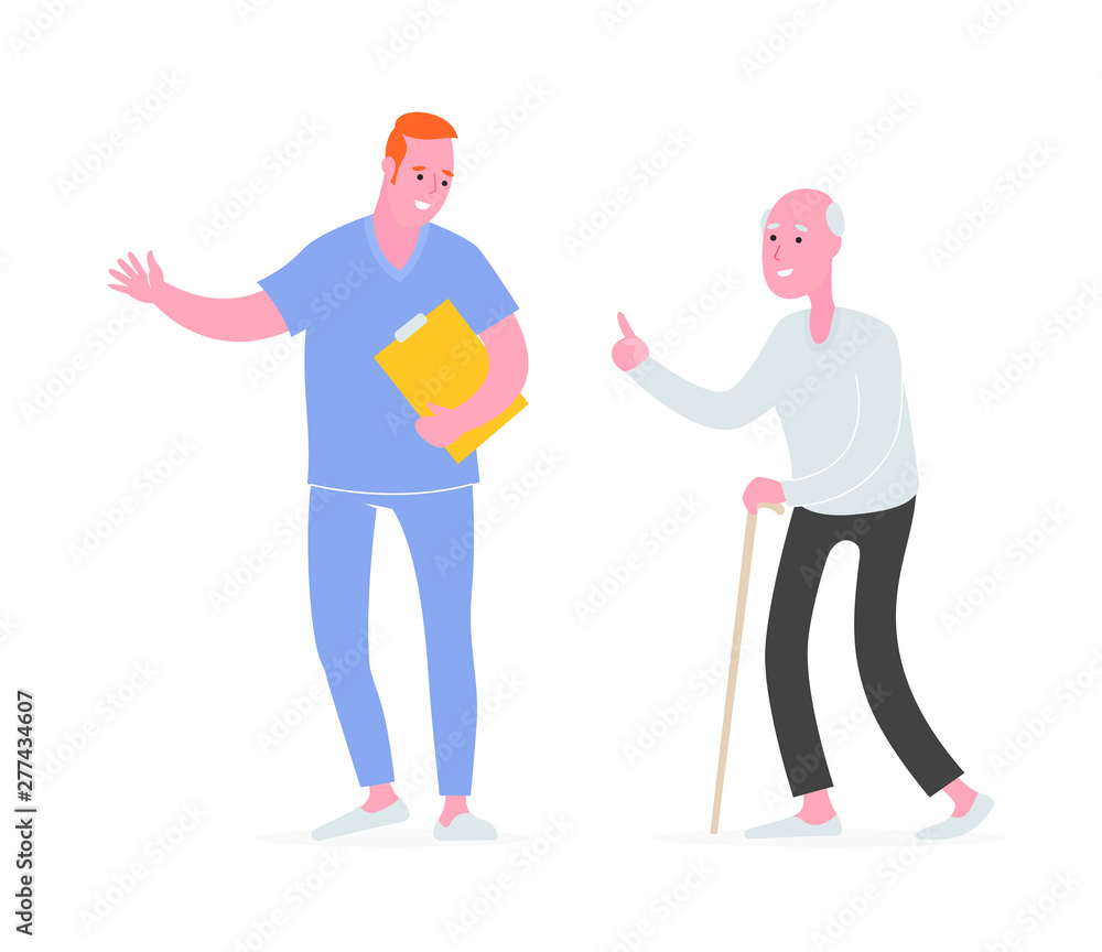 Male caregiver wearing uniform welcoming an elderly man with walking stick. Male caregiver wearing uniform welcoming an elderly man with walking stick.