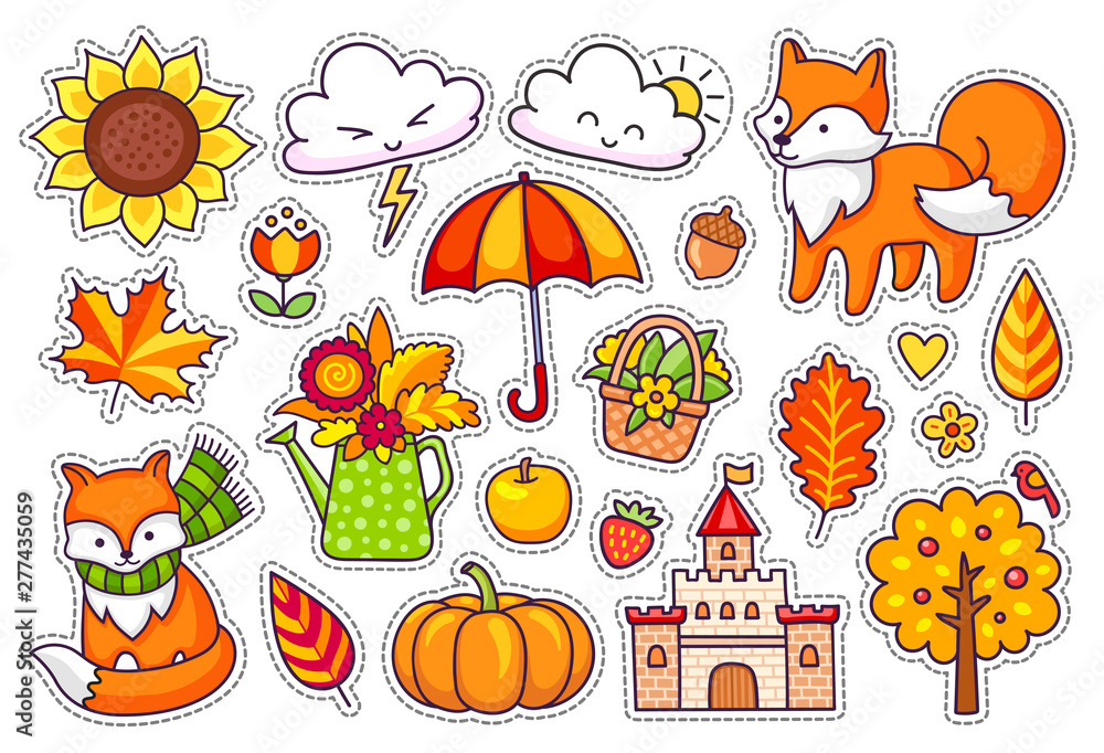 Big set of cute autumn plants, foxes, clouds and trees, castle, umbrella and pumpkin. Fall season stickers, pins, badges and patches. Big set of cute autumn plants, foxes, clouds and trees, castle, umbrella and pumpkin. Fall season stickers, pins, badges and patches.