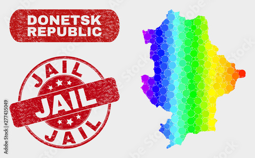 Spectrum dot Donetsk Republic map and rubber prints. Red rounded Jail grunge stamp. Gradient spectrum Donetsk Republic map mosaic of scattered round elements. Jail stamp with grunge surface.