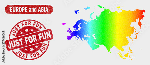 Spectral dotted Europe and Asia map and seal stamps. Red round Just for Fun textured watermark. Gradient spectral Europe and Asia map mosaic of random round elements.