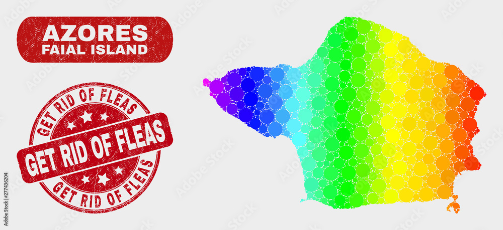 Rainbow colored dotted Faial Island map and rubber prints. Red round Get Rid of Fleas scratched seal stamp. Gradiented rainbow colored Faial Island map mosaic of randomized small spheres.