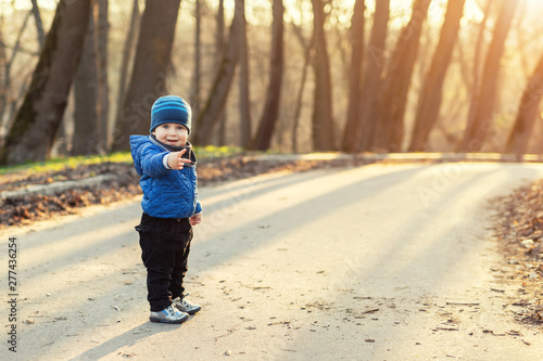 Portrait of cute funny caucasian toddler boy in blue jacket and hat enjoying walking at autumn park or forest during sunset with sun rays shining through trees on background. Baby having fun outdoors