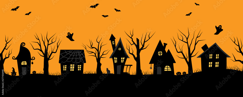 Halloween houses. Creepy village. Seamless border. Black silhouettes of houses and trees on an orange background. There are also bats, ghosts, pumpkins and the cat in the picture. Vector illustration