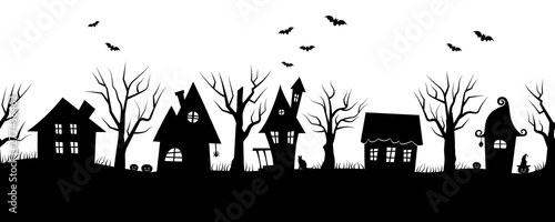 Halloween houses. Spooky village. Seamless border. Black silhouettes of houses and trees on a white background. There are also bats, pumpkins and a cat in the picture. Vector illustration
