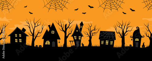 Halloween houses. Spooky village. Seamless border. Black silhouettes of houses and trees on an orange background. There are also bats, ghosts, pumpkins and a cat in the picture. Vector illustration