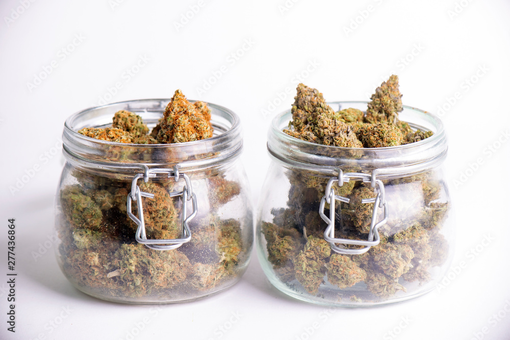 Cannabis buds on clear glass jars isolated on white - obrazy, fototapety, plakaty 