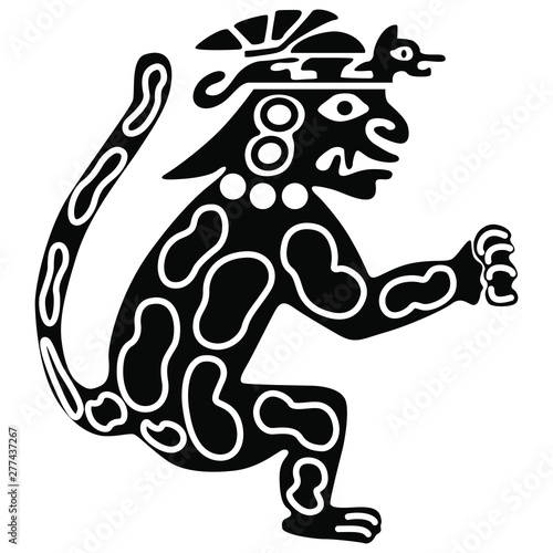 Silhouette of fantastic jaguar warrior. Ancient Peruvian ethnic motif. Black and white silhouette.