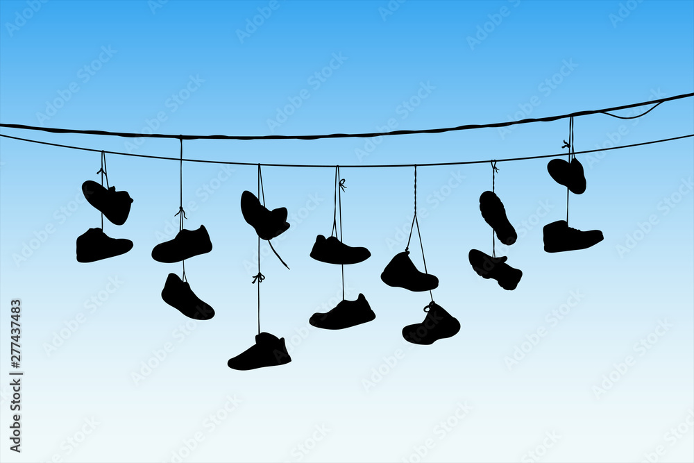 Shoes on wires. Vector illustration with silhouette of old shoes hanging on power  lines. Blue pastel background vector de Stock | Adobe Stock