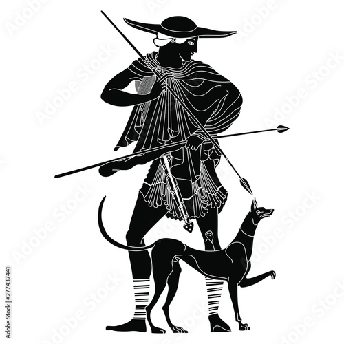 Silhouette of ancient Greek hunter with a dog.