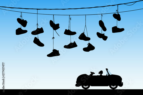 Cartoon retro car. Vector illustration with silhouettes of woman and dog traveling in camper. Shoes hanging on wires. Family road trip. Blue pastel background