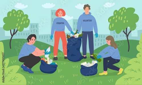Group of young people volunteers cleaning city park. 