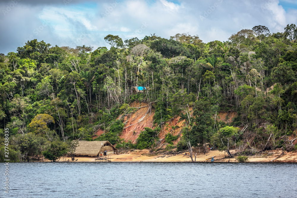 A deforestation area in the edge of the Amazon River with a traditional indigenous house in Amazon state in Brazil A deforestation area in the edge of the Amazon River with a traditional indigenous house in Amazon state in Brazil