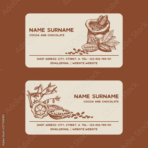 Cocoa beans sketch vector illustration for viziting card. Cocoa tree. Engrave...