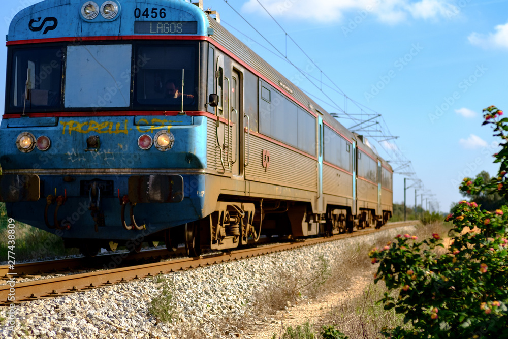 Fototapeta premium A blue train in Algarve, Portugal.
