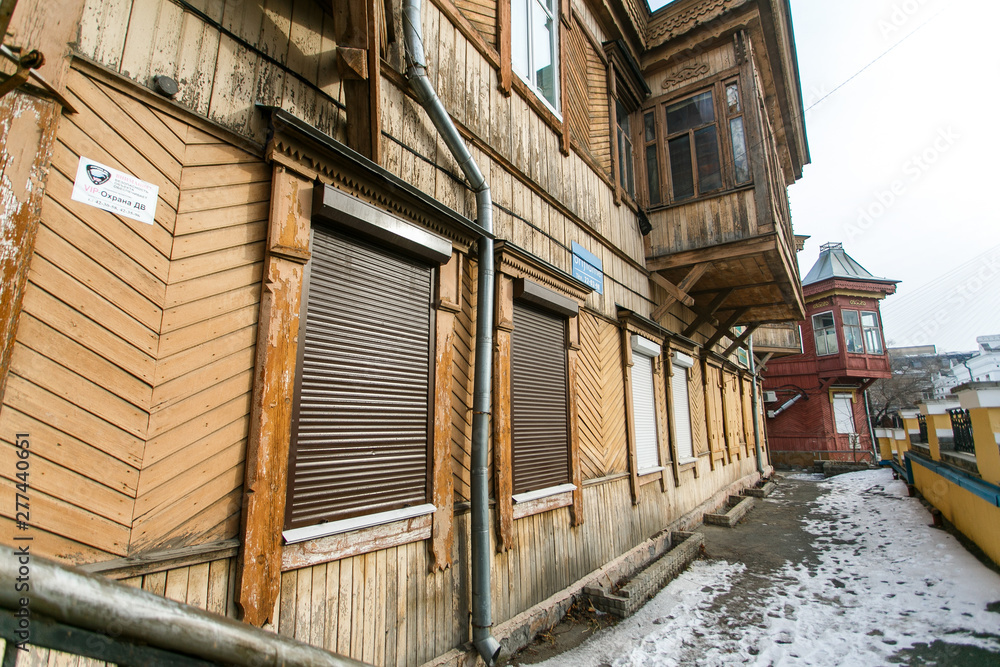 The ensemble of historic wooden houses in the center of Vladivostok. Historical Foundation.