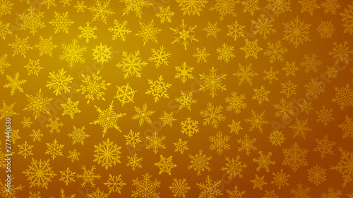 Christmas background with various complex big and small snowflakes in yellow colors