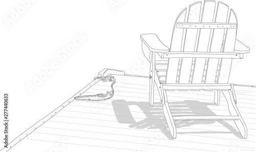 Hand drawn illustration. An Adirondack chair sitting on a dock by a lake. Concept of a peaceful, relaxing vacation.