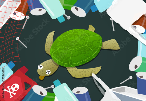 Dead turtle in pile of garbage at ocean pollution