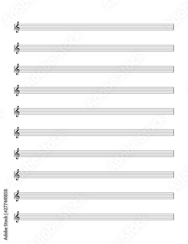 Empty sheet of notes template. Five-line staff with treble clef. Western musical notation. Illustration on white background. Vector.