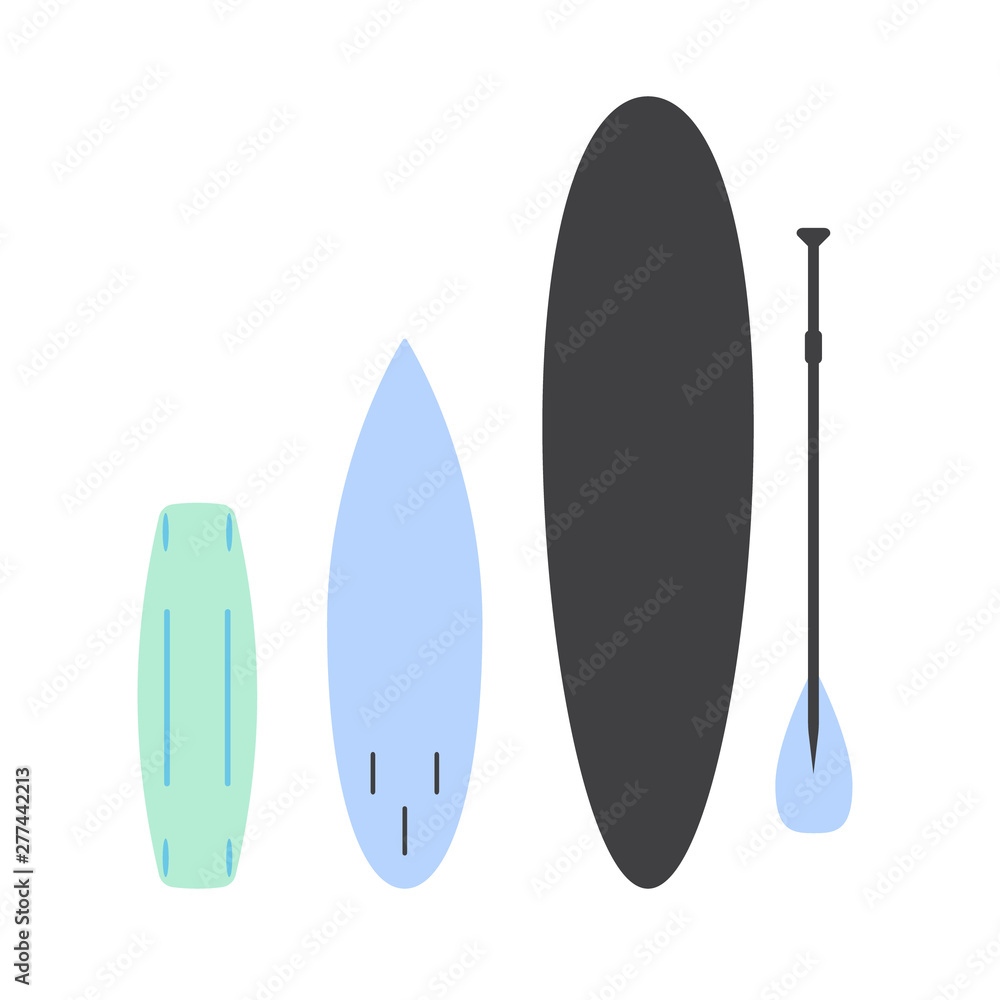 Vector flat cartoon set collection of different surf stand up paddle and wake boards isolated on white background Vector flat cartoon set collection of different surf stand up paddle and wake boards isolated on white background
