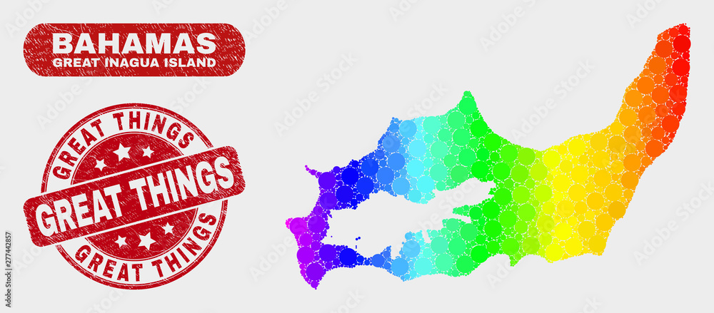 Rainbow colored dot Great Inagua Island map and seal stamps. Red round Great Things distress watermark. Gradiented rainbow colored Great Inagua Island map mosaic of scattered circle.